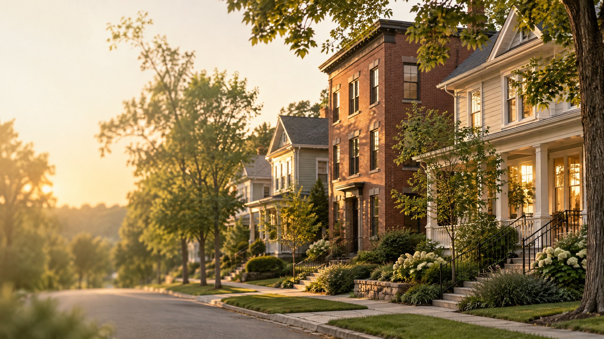 Tree-lined street of renovated single-family homes and a brick multifamily building at golden hour